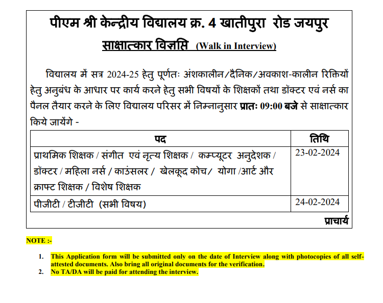 KVS Jaipur Recruitment 2024 जयपुर केंद्रीय विद्यालय में निकली शिक्षक के पदों पर भर्ती | सरकारी नौकरी 2024